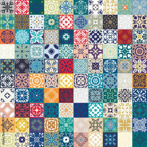  Gorgeous floral patchwork design. Colorful Moroccan or Mediterranean square tiles, tribal ornaments. For wallpaper print, pattern fills, web background, surface textures. Indigo blue white teal