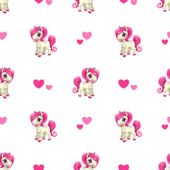 Cute seamless pattern with little cartoon pony