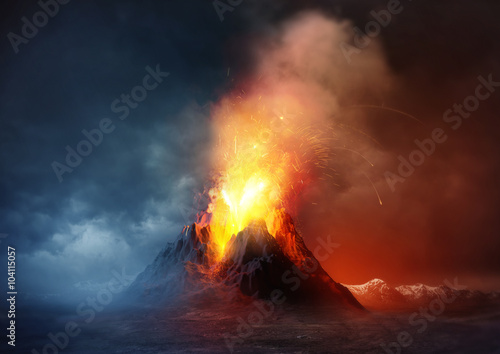 Plakat Erupcja wulkanu. Duży wulkan wyrzuca gorącą lawę i gazy do atmosfery. Ilustracja.