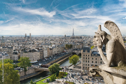 Fototapeta Gargoyle and wide city view from the roof of Notre Dame de Paris