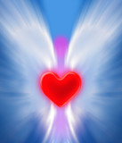 Abstract angel shape holding a red heart, a symbol of divine love