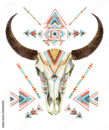  Cow skull in tribal style. Animal skull with ethnic ornament