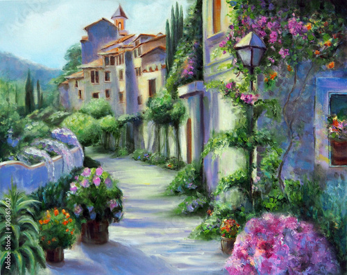Obraz w ramie Art Oil Painting Picture Flower Street in Sunny Day