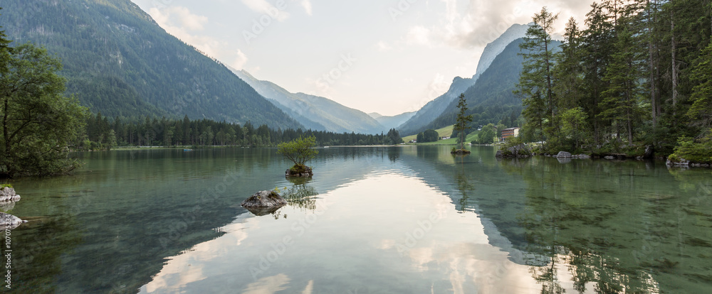 Panorama vom Hintersee mit Baumgruppe