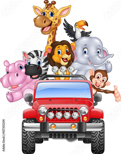 Happy holiday animal africa in the red car 