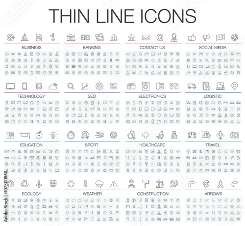 Vector illustration of thin line icons business, banking, contact us, social media, technology, logistic, education, sport, medicine, travel and weather. Flat symbols set