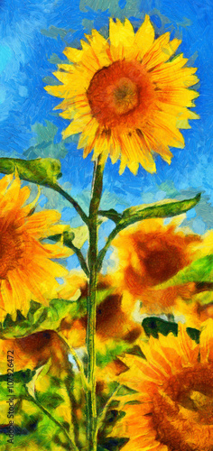 Obraz na płótnie Imitacja stylu Sunflowers.Van Gogh. Cyfrowa imitacja malarstwa olejnego po impresjonizmie.