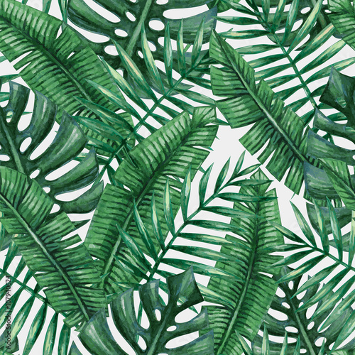 Fototapeta Watercolor tropical palm leaves seamless pattern. Vector illustration.
