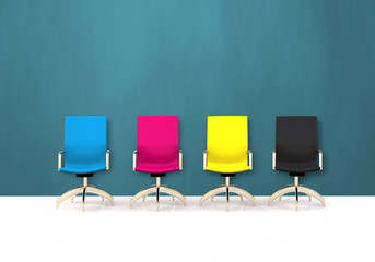 3D CMYK seats and turquoise wall