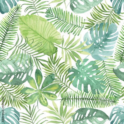  Tropical seamless pattern with leaves. Watercolor background with tropical leaves.