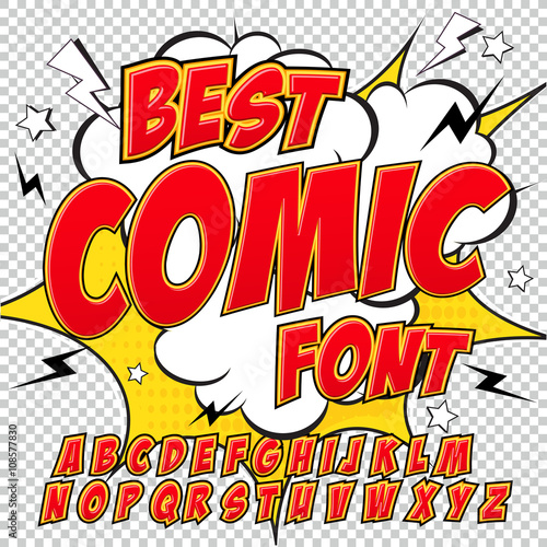 Plakat Komiks kreatywny o wysokiej szczegółowości. Alfabet w czerwonym stylu komiksów, pop-art.