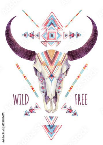  Cow skull in tribal style. Animal skull with ethnic ornament