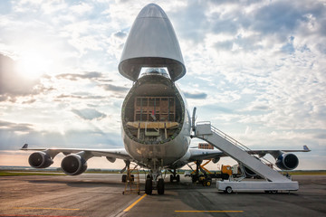 Unloading widebody cargo airplane