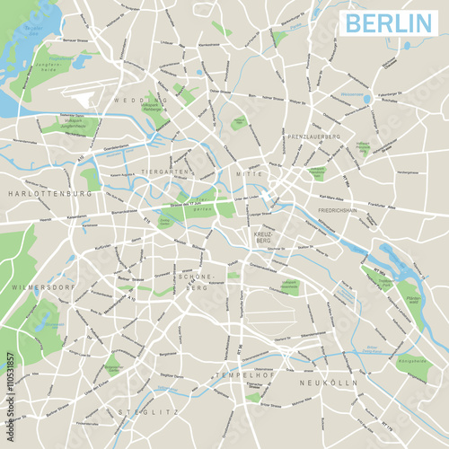 Zdjęcie XXL Berlin Map Bardzo szczegółowe wektor mapa ulicy w Berlinie. Obejmuje: - ulice - parki - nazwy podokręgów - nazwy obiektów wodnych