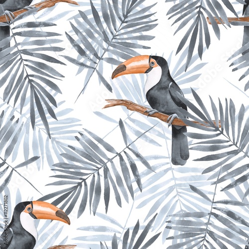 Palm leaves and Toucan. Watercolor seamless pattern 2