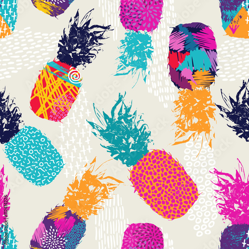 Naklejka dekoracyjna Color retro pineapple seamless pattern for summer