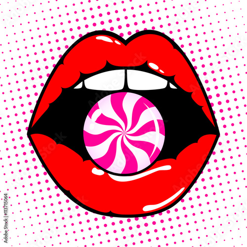 Obraz na płótnie Woman red lips with candy on pop art background. Vector illustration
