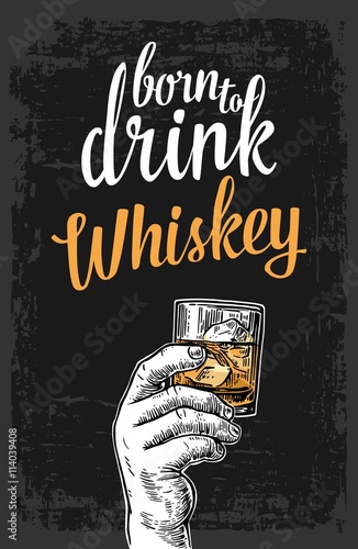 Male hand holding a glass with whiskey and ice cubes. Vintage vector engraving illustration for label, poster, invitation to a party