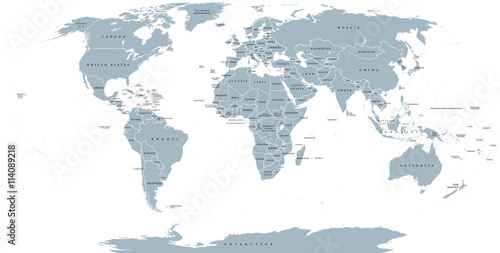 Fototapeta World political map. Detailed map of the world with shorelines, national borders and country names. Robinson projection, english labeling, grey illustration on white background.