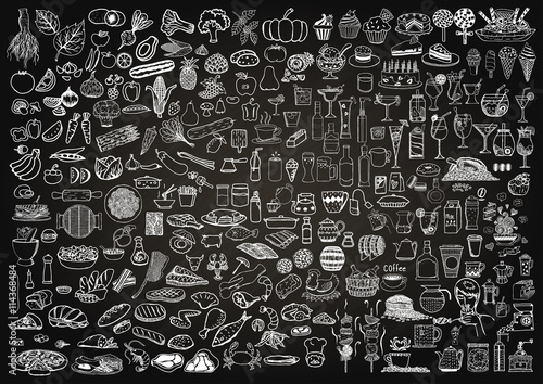 Set of food and drinks doodle on chalkboard background.