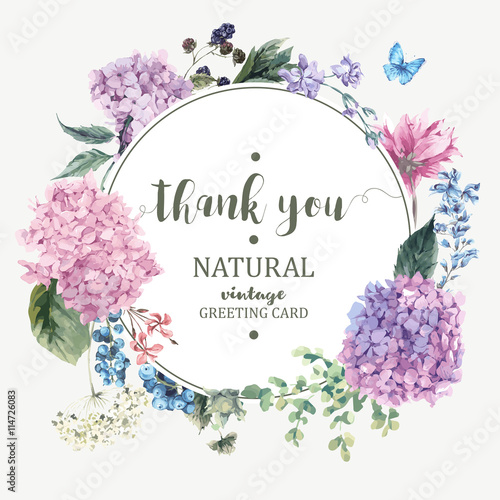 Вектор: Floral Greeting Card with Blooming Hydrangea and garden flowers Floral Greeting Card with Blooming Hydrangea and garden flowers