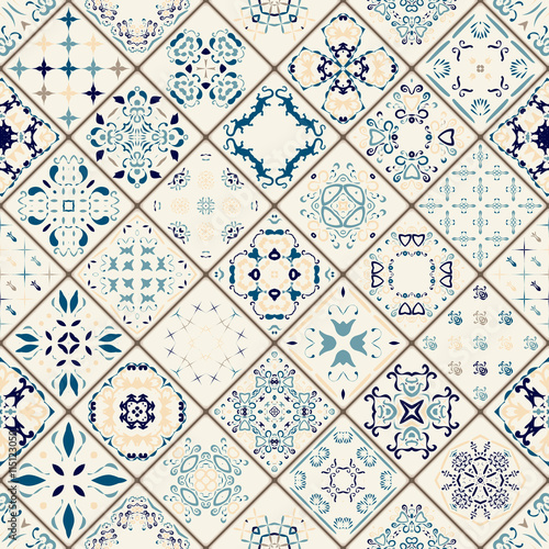  Mega Gorgeous seamless patchwork pattern from colorful Moroccan tiles, ornaments. Can be used for wallpaper, fills, web page background,surface textures. Gold and red color. Christmas style.