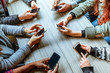 friends using smart phones top view friends using smart phones top view