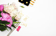 Peonies and gold. Office desktop. Flat lay. Glamour style. Stationery on white background. Flat lay Peonies and gold. Office desktop. Flat lay. Glamour style. Stationery on white background. Flat lay