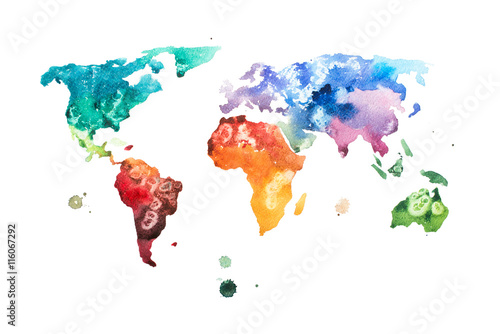 Fototapeta Hand drawn watercolor world map aquarelle illustration.