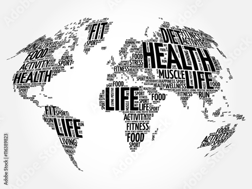  Health and Life World Map in Typography, sport, health, fitness word cloud concept