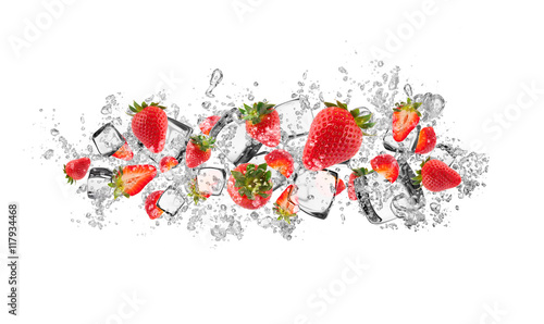  Strawberries in water splash on white background
