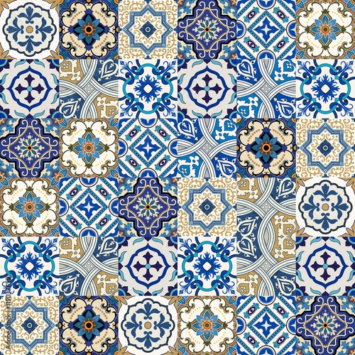  Mega Gorgeous seamless patchwork pattern from colorful Moroccan, Portuguese tiles, Azulejo, ornaments.. Can be used for wallpaper, pattern fills, web page background,surface textures.