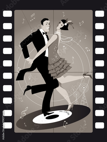 Fototapeta na wymiar A couple dressed in 1920s fashion dancing the Charleston on a vinyl record in an old movie frame, EPS 8 vector illustration, no transoparencies
