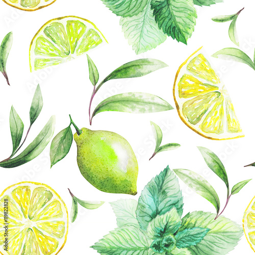 Tapeta ścienna na wymiar Nice handmade pattern of tea leafs and citrus fruits: lemon, grapefruit, orange, mint, lime. Watercolor.