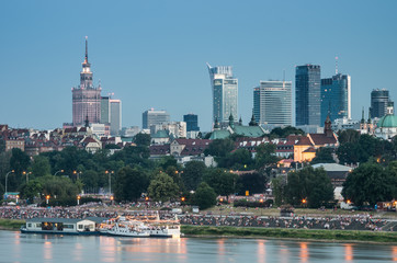 Evening panorama of Warsaw waterfront and downtown skyline