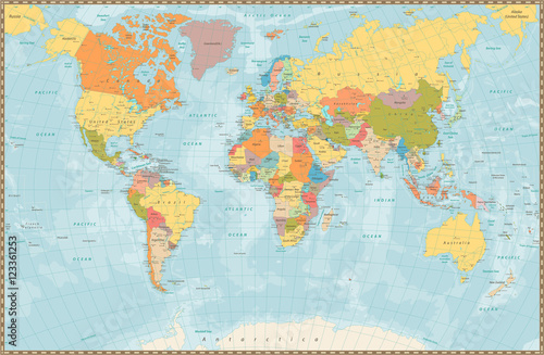 Fototapeta Large detailed vintage color political World Map with lakes and