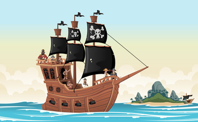 Group of cartoon pirates on a ship at the sea
