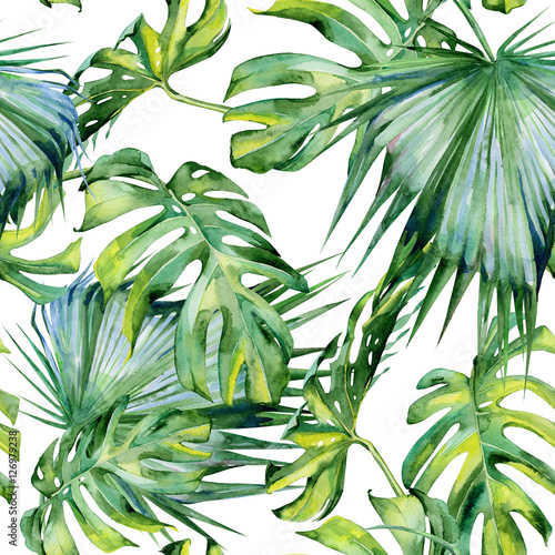  Seamless watercolor illustration of tropical leaves, dense jungle. Hand painted. Banner with tropic summertime motif may be used as background texture, wrapping paper, textile or wallpaper design.