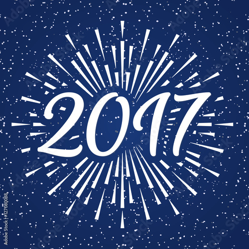 Christmas card with christmas label consisting of sunburst on cyan snow holiday background. Happy New Year. Christmas emblem. Christmas decoration element. Vector Illustration