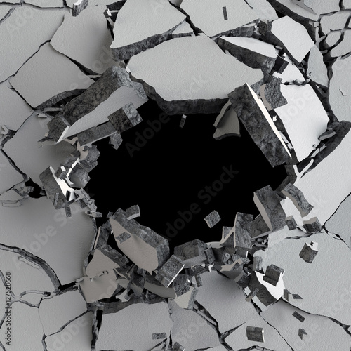 Plakat 3d odpłacają się, 3d ilustracja, wybuch, pękająca betonowa ściana, dziura po kuli, zniszczenie, abstrakcjonistyczny tło