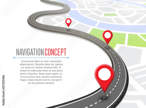 Navigation concept with pin pointer vector illustration. Cartography mapping, ui pinning, discovery, geotag, tourism geolocation. GPS navigation system banner. Location pin on perspective city map.