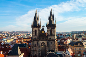 The majestic tower of the Church of our lady before Týn. Prague, Czech Republic.