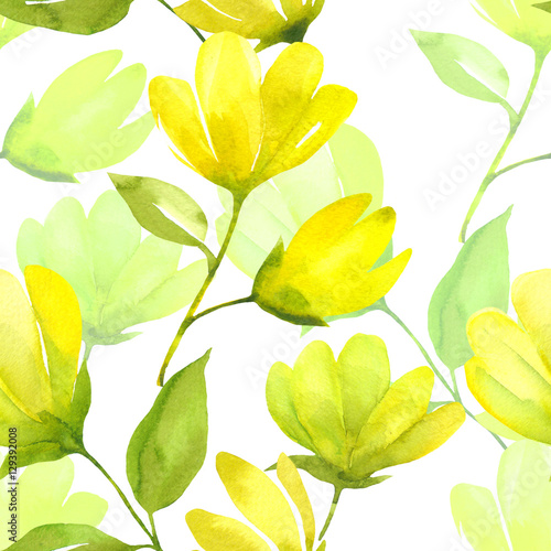 Plakat Akwarela kwiatowy wzór. Żółta wiosna kwiat magnolia. Wiosny tło z beatifull żółtymi kwiatami