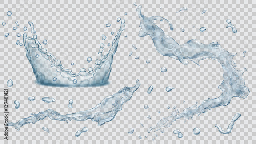 Water splashes, water drops and crown from splash of water. Transparency only in vector file
