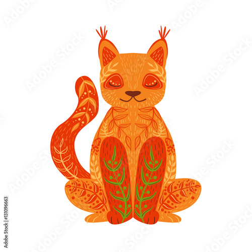 Fototapeta Lynx Relaxed Cartoon Wild Animal With Closed Eyes Decorated With Boho Hipster Style Floral Motives And Patterns