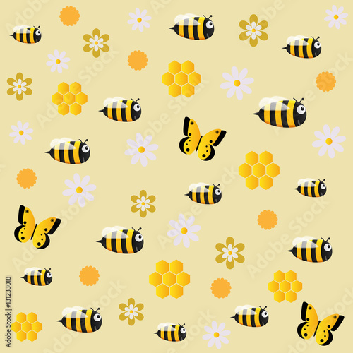 Fototapeta Image of cheerful bees on a yellow background with flowers and butterflies