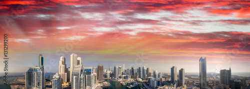 Beautiful aerial view of Dubai Marina skyscrapers at sunset