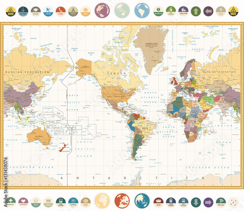 America Centered World Map with flat icons and globes.Vintage colors