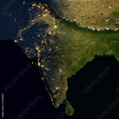 City lights on world map. India.