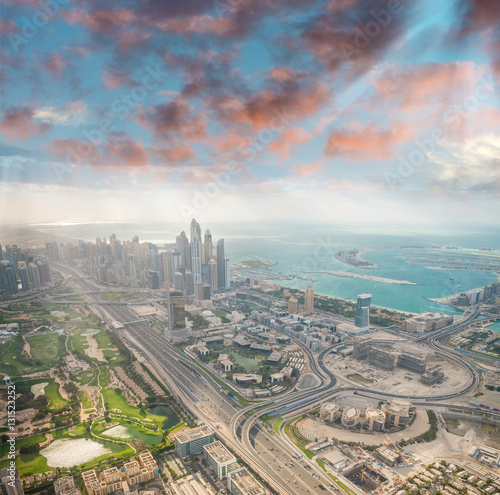 Downtown Dubai from the air. Sheikh Zayed road, skyscrapers and